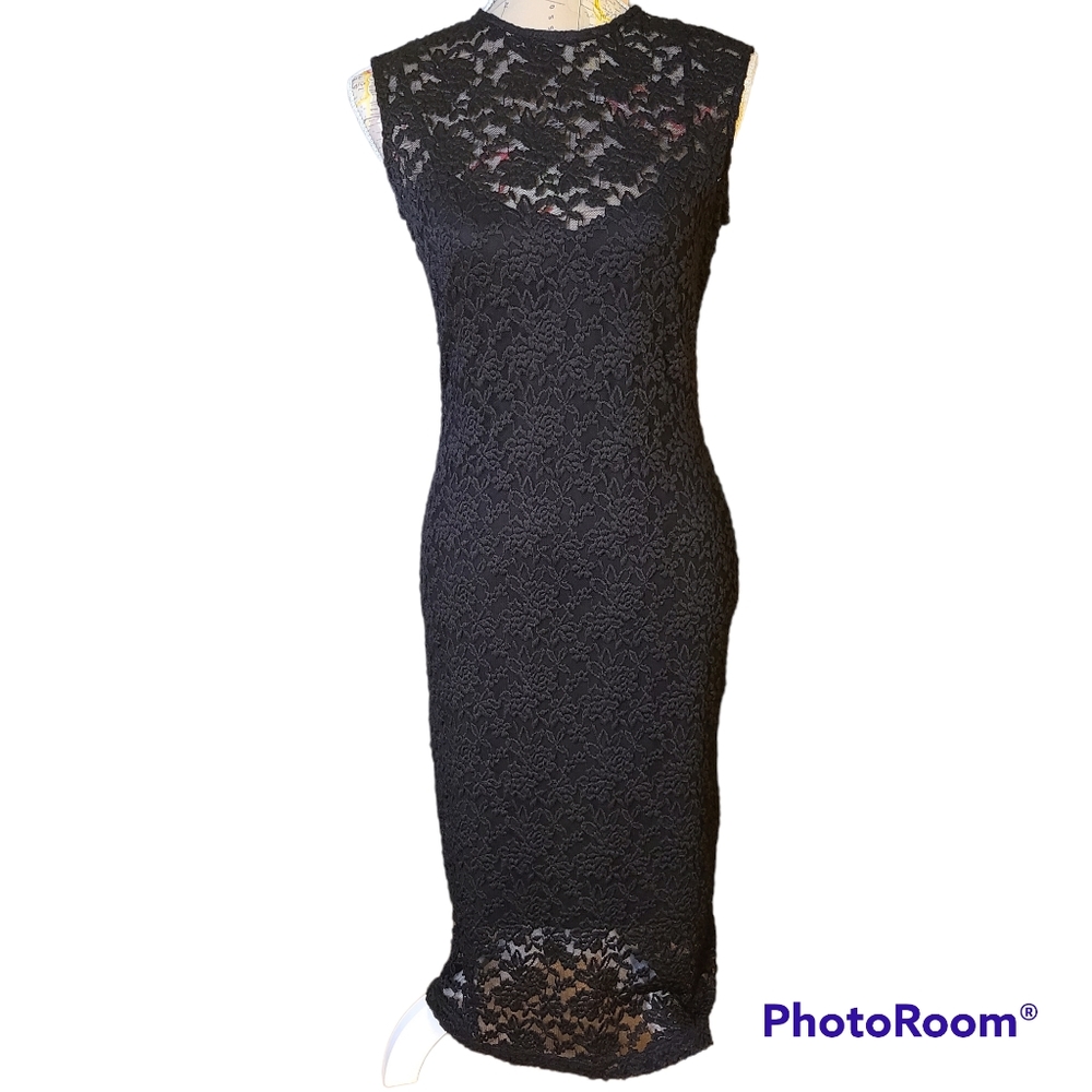KENAR Size 6 Black Illusion Neckline Lace Bodycon Midi Dress Whimsigoth Rich